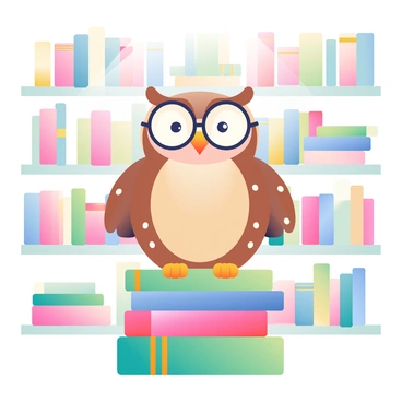 An owl with eyeglasses sitting on a stack of books in a library