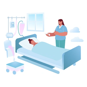 A nurse is standing next to a hospital bed preparing a blood transfusion. The nurse is wearing scrubs and has a medical device in her hands. The patient is lying comfortably in the bed, covered with a soft blanket. Medical equipment, including a drip stand and monitoring devices, are positioned nearby. The room is brightly lit, giving the space a clean and organized appearance. A window in the background allows natural light to filter in, brightening the atmosphere.