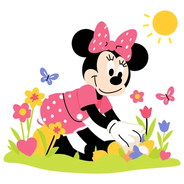 Minnie Mouse is kneeling on the ground, planting colorful flowers in a vibrant spring garden. She is wearing her classic red polka-dot dress and matching bow. Surrounding her are various flowers in shades of pink, yellow, and blue. Butterflies with large, bright wings are fluttering around, adding to the cheerful atmosphere. The sun is shining brightly, casting light on the colorful blooms and creating a cheerful ambiance in the garden.