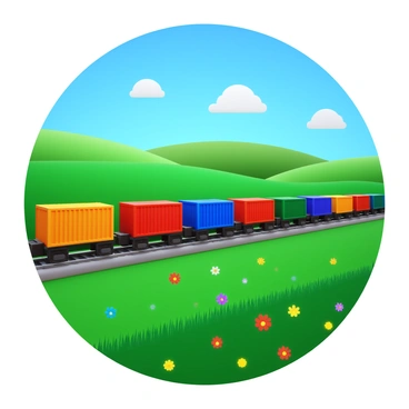 A long freight train with multiple cargo containers is passing through a lush countryside. The train features several brightly colored containers that are stacked and lined up neatly. The countryside is filled with vibrant green fields and patches of wildflowers in various colors. There are rolling hills in the background, and a clear blue sky overhead with a few fluffy clouds. The scene captures the movement of the train as it travels along the tracks, emphasizing the contrast between the industrial train and the natural landscape.