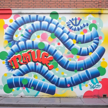 A vibrant mural is painted on a city wall. The mural features intricate fishbones in shades of blue and white, artistically interwoven with bold street art elements in bright colors. There are splashes of red, yellow, and green surrounding the fishbones, creating a dynamic contrast. Graffiti-style text in large, stylized letters weaves through the fishbones, adding an urban feel. The background is a blend of textured layers, enhancing the overall depth of the mural.
