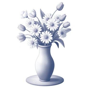 A tall vase is centrally positioned on a table. It is filled with an assortment of freshly cut garden flowers, including roses, daisies, and tulips. The flowers are arranged naturally, some with petals open wide and others just beginning to bloom. The vase features a smooth texture and a simple design. The table underneath has a subtle grain pattern, contributing to the overall composition. Light casts soft shadows, enhancing the three-dimensionality of the flowers and vase.