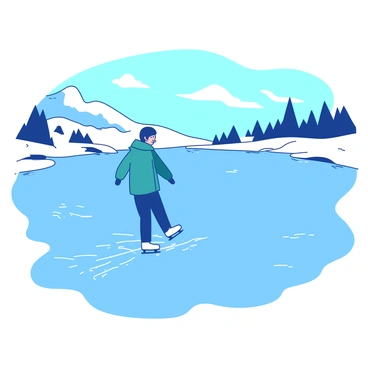 A serene frozen lake with a figure ice skating under a clear winter sky