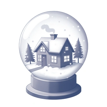 A snow globe sits on a wooden surface, showcasing a winter scene. Inside the globe, a quaint cottage with a pitched roof is surrounded by gently falling snowflakes. The cottage features smoke rising from the chimney and has a small front porch. Pine trees flank the cottage, their branches dusted with snow. The snowflakes appear to be suspended in mid-air, creating a sense of movement around the serene scene inside the globe.