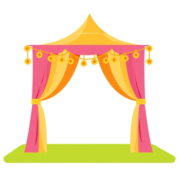 A beautifully decorated Indian mandap with intricate wooden supports. The mandap is adorned with colorful drapes in shades of pink, gold, and orange, flowing elegantly from the top. Marigold flowers are strung around the edges, adding vibrancy and warmth to the scene. A carpet of lush green grass lies beneath the mandap, set up in a serene outdoor location. Delicate fairy lights twinkle softly in the background, enhancing the festive atmosphere.