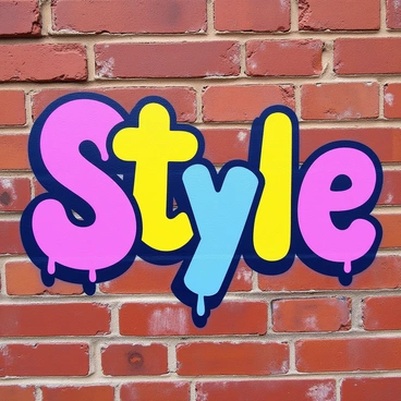 The word "style" is spray-painted in vibrant colors. The letters are bold and dynamic, with a mix of pink, blue, and yellow hues. The graffiti is set against a textured brick wall that has a weathered appearance, showcasing various shades of red and brown. Some areas of the wall have faint remnants of older graffiti, creating an urban atmosphere. The paint drips slightly at the edges of the letters, emphasizing the raw, artistic feel of the piece.