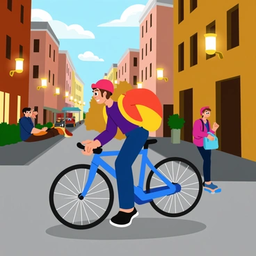 A cyclist wearing a bright red helmet rides a sleek blue bicycle through bustling city streets. The streets are lined with tall buildings, each showcasing warm, glowing streetlights illuminating the path. The cyclist is pedaling energetically, and their bright yellow backpack is slung over one shoulder. The cobblestone road reflects the soft light from the streetlights, creating a cozy atmosphere. In the background, there are a few pedestrians walking leisurely and a couple of parked cars along the side of the street.