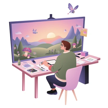 An illustrator is seated at a large drawing table, focused on creating concept art for a video game. The workspace is filled with colorful sketches and notes. Behind the illustrator, a large canvas displays a vibrant, fantastical landscape featuring rolling hills, towering mountains, and a glowing sunset sky transitioning from orange to purple. Various whimsical creatures are scattered throughout the scene, including a small dragon with iridescent scales flying above and a group of fairies with luminescent wings fluttering around large mushrooms. There are trees with oversized leaves and colorful flowers, contributing to the magical ambiance. The illustrator, a person with short brown hair and glasses, holds a digital drawing tablet in one hand and a stylus in the other, immersed in the creative process.