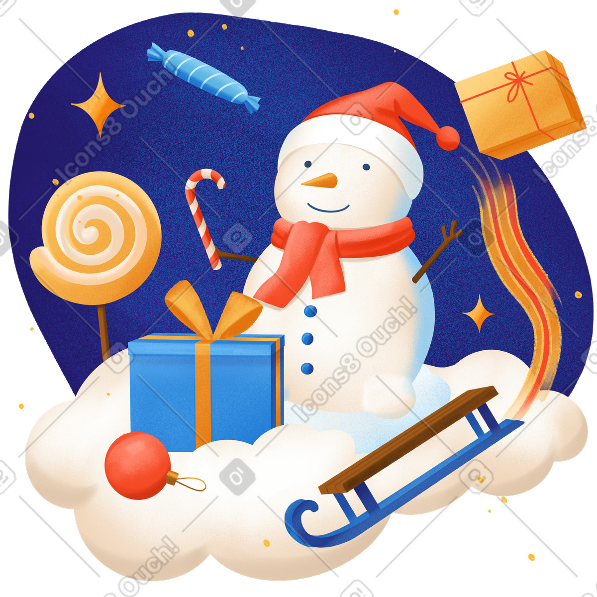 Illustration Snowman with sled, gifts, and candy, Winter holiday season celebration dans le style Gleam à télécharger aux formats PNG, SVG