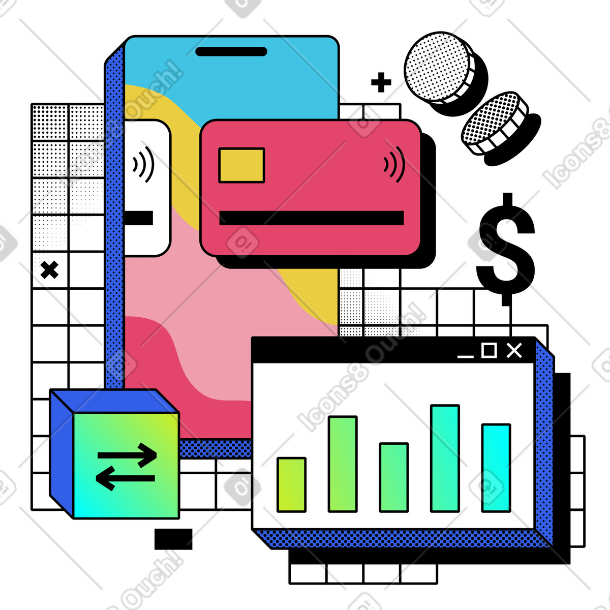 Ilustração de Carteira digital e aplicativo mobile banking em no estilo Memphis para baixar em PNG, SVG