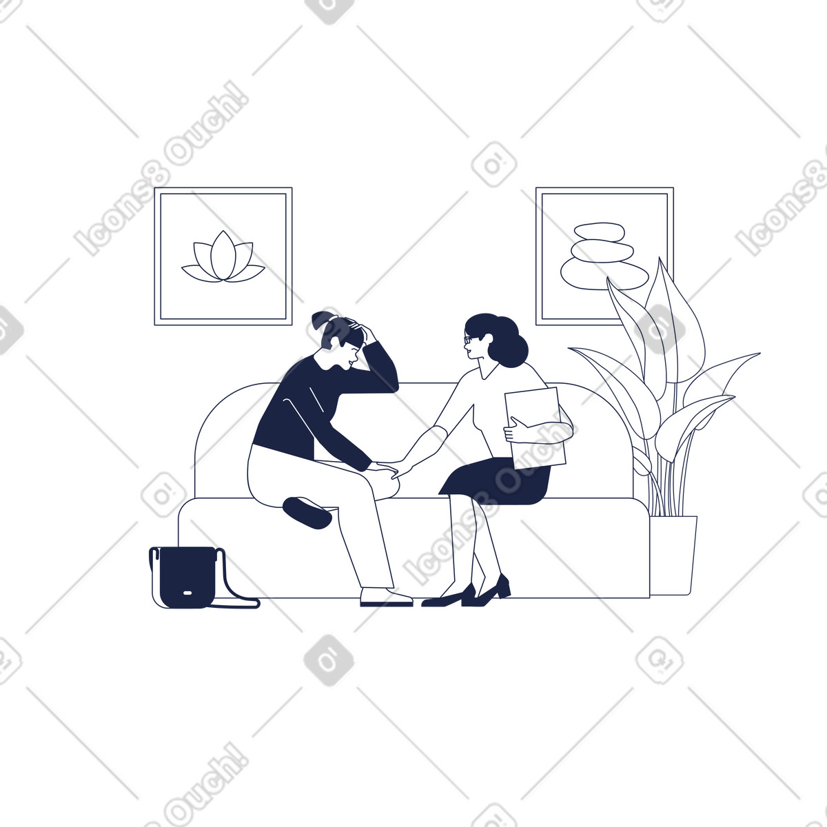 下载 Urban Line 风格的 Patient seeking help in cozy therapy room, Counseling or mental wellness 插画，支持 PNG、SVG 格式