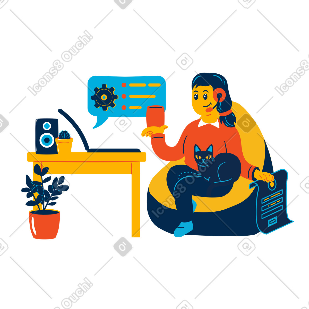 Tech support agent working remotely illustration in Flame style download in PNG, SVG