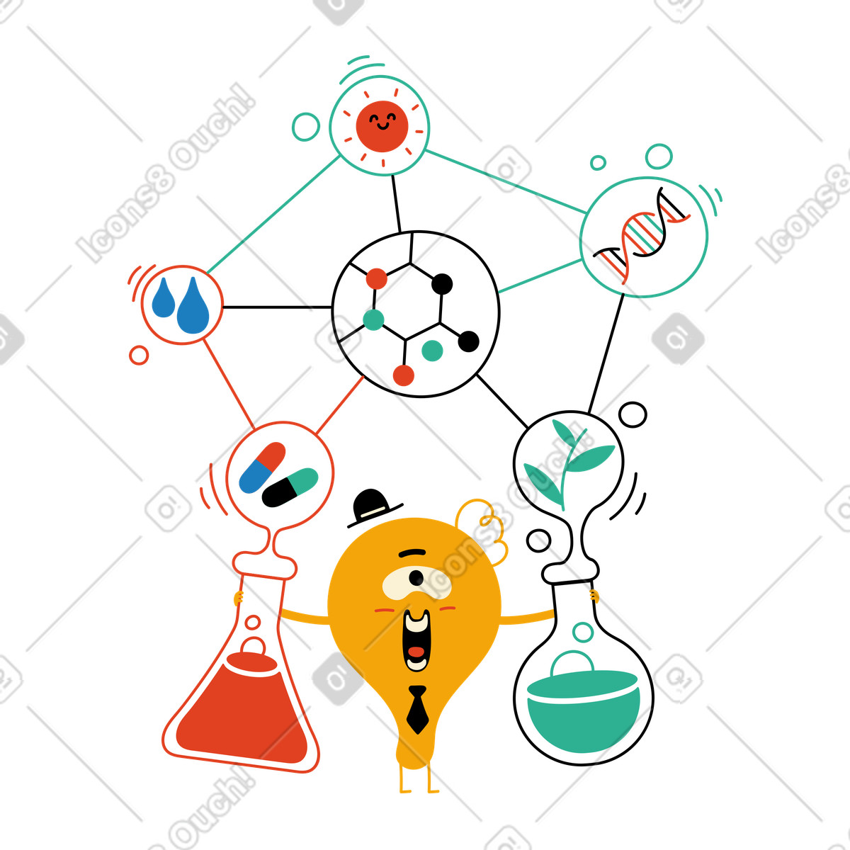 下载 Jelly 风格的 Character with flasks and substances chemistry 插画，支持 PNG、SVG 格式