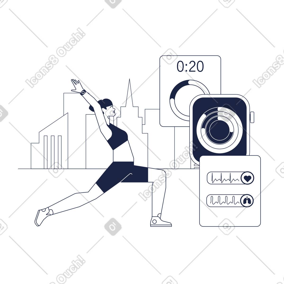 Illustration animée Yoga exercise with fitness tracker and health data, activity monitoring urban wellness dans le style Line à télécharger aux formats GIF, Lottie (JSON), AE