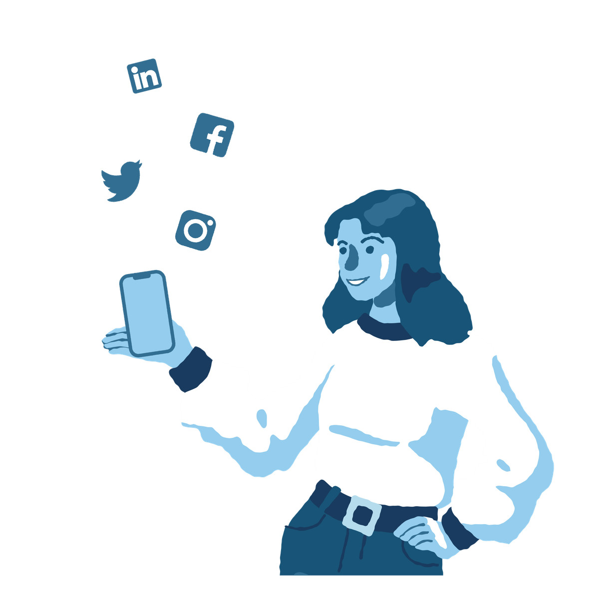 Ilustración Smiling user engaging with mobile social platforms, Online networking and digital presence en estilo Cherry a descargar en PNG y SVG
