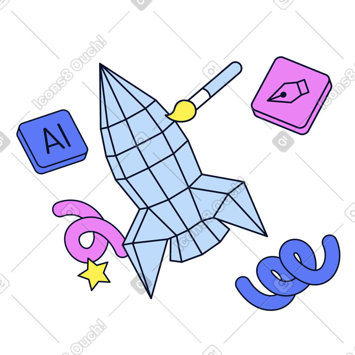 Ilustración Wireframe rocket model with design tools, Creative product development and software en estilo Flexy a descargar en PNG y SVG