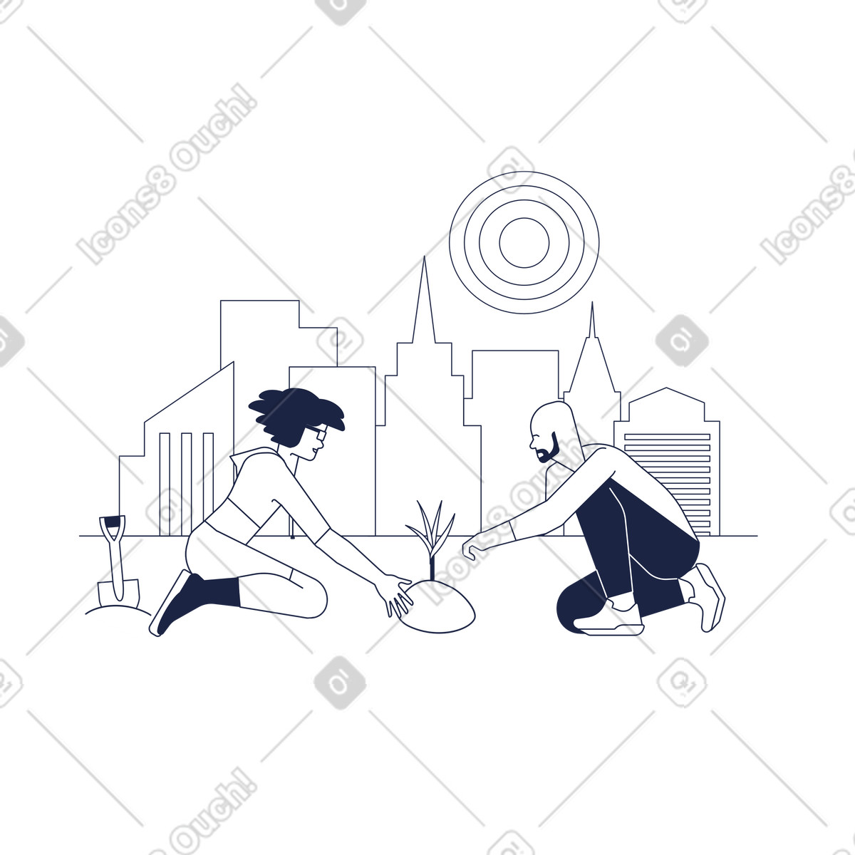 Team planting tree in park, Green initiative and eco-action illustrazione stile Urban Line scarica PNG, SVG