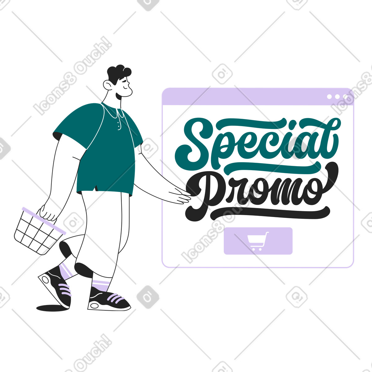 Sammy Line 스타일의 브라우저 화면 텍스트에 장바구니와 lettering special promo를 들고 있는 남자 일러스트레이션 PNG, SVG 다운로드