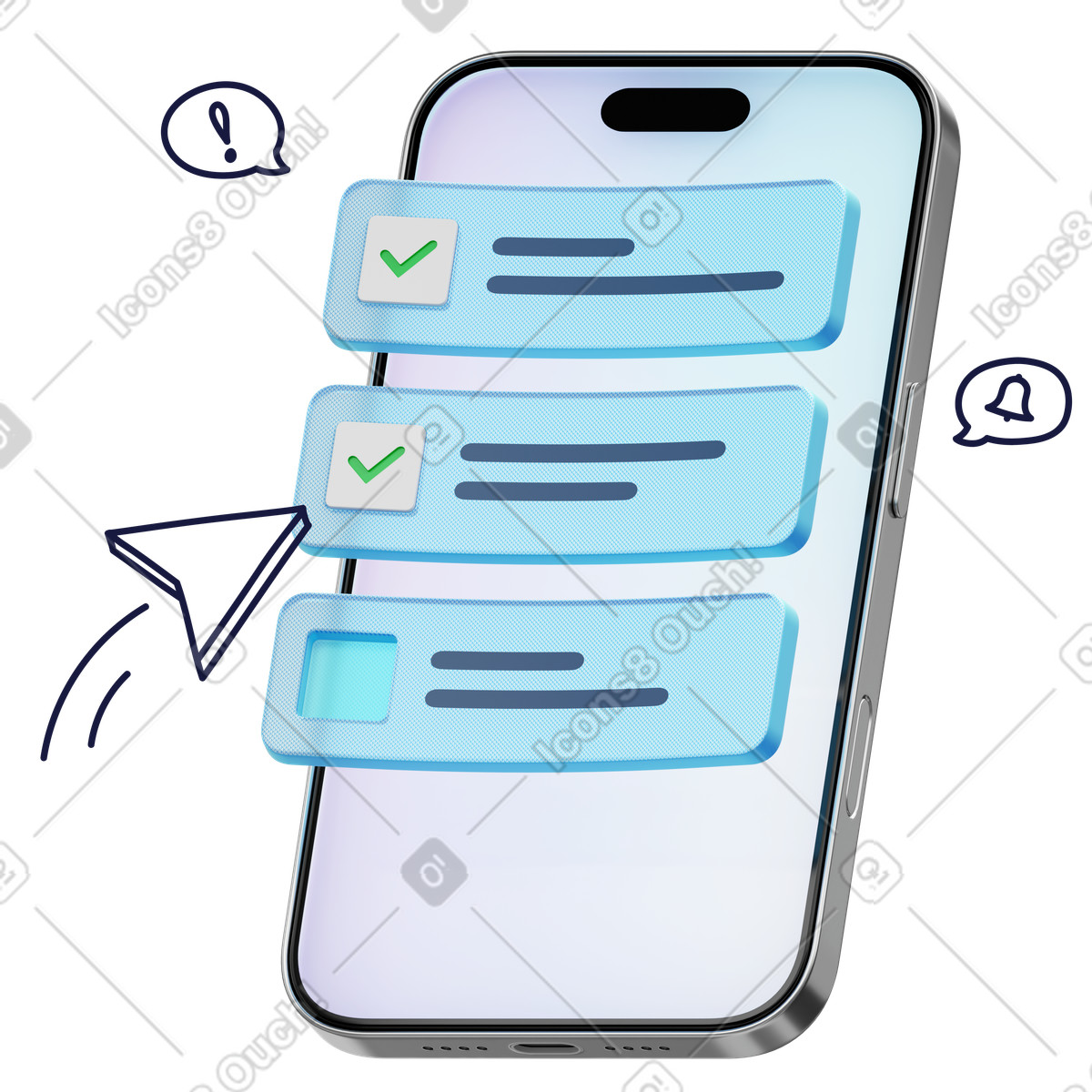 Mobile phone with checklist ui, Task management and productivity apps illustration in 3D Surfaced style download in PNG, SVG