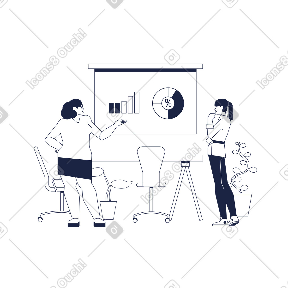Illustration Collègues femmes discutant de la présentation analytique dans le style Urban Line à télécharger aux formats PNG, SVG