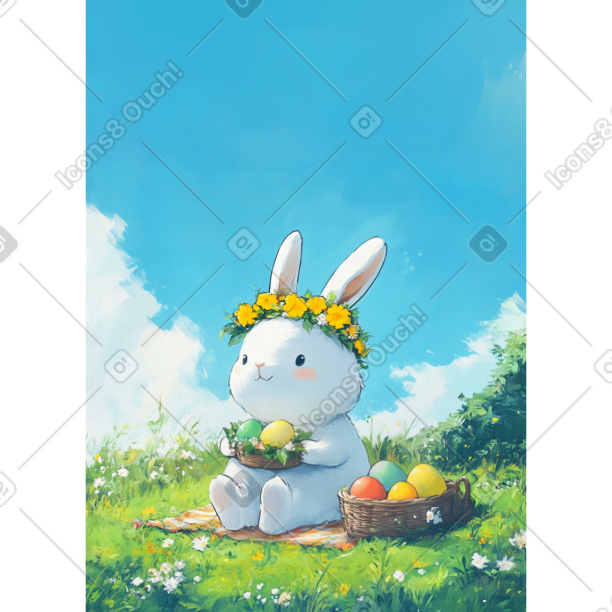 Cute bunny with easter eggs illustration in Postcards style download in PNG, SVG