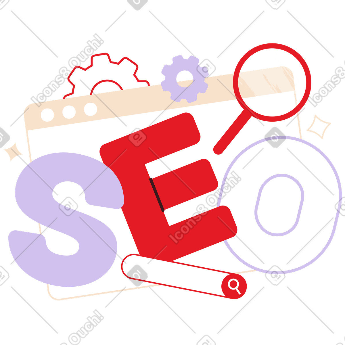 Large SEO letters and magnifying glass, Digital marketing tools illustrazione in stile Folks scarica in PNG, SVG