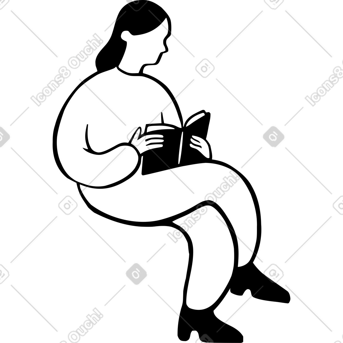 Woman sitting and reading a book illustration in Journal style download in PNG, SVG