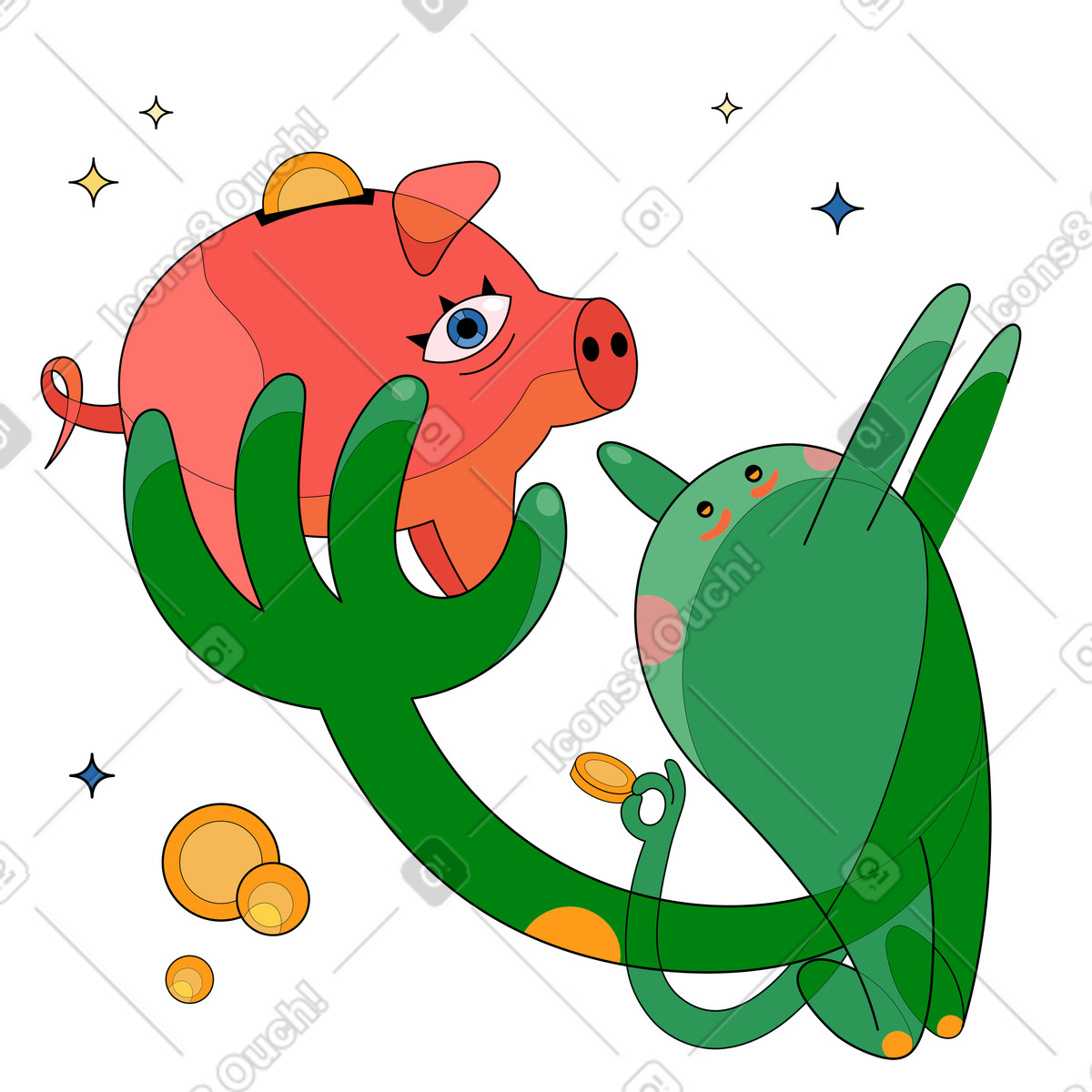 Ilustração de Personagem economizando dinheiro e segurando cofrinho em no estilo Surr para baixar em PNG, SVG