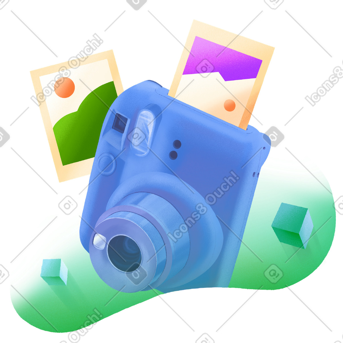 Instax mini blue camera with photos in a rounded green shape illustration Smart style download PNG, SVG
