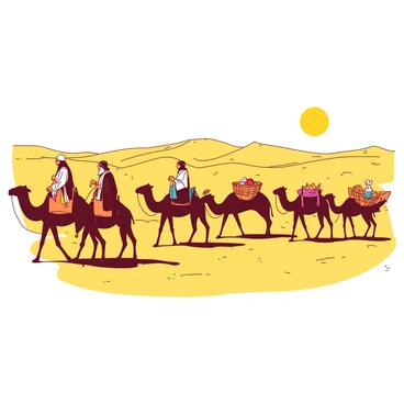 A group of nomadic warriors is trekking through an expansive yellow desert landscape. The sun is blazing in the sky, casting long shadows on the sand. Each warrior is dressed in rugged attire, their clothing flowing in the hot breeze. They are accompanied by several camels, each loaded with supplies like colorful fabric bundles and woven baskets. The camels are plodding steadily, their shadows contrasting against the golden sand. In the distance, faint dunes rise and fall, completing the vast desert scenery.