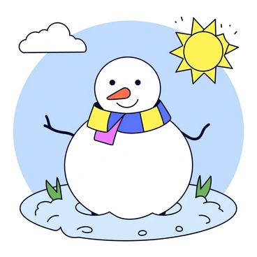 A snowman with a round body and a carrot for a nose is standing in a grassy area. The sun is shining brightly above, casting warm light on the scene. Around the base of the snowman, the snow is gradually melting, creating small puddles of water. The snowman's eyes are made of coal, and it has a colorful scarf wrapped around its neck. The background shows clear blue skies with a few fluffy clouds.