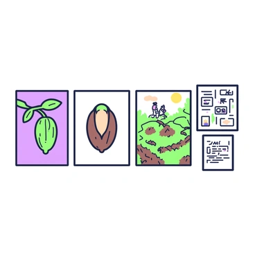 A gallery wall features various artistic interpretations of cacao. Each frame displays a different artwork focused on cacao. On the left, there is a vibrant painting of cacao pods hanging from a tree branch, showcasing detailed textures of the pods. Next to it, a sleek digital print illustrates a cacao bean's cross-section, highlighting its intricate internal structure. In the center, a large canvas captures a whimsical scene of a cacao farm, with lush greenery and workers harvesting the pods. To the right, a mixed media piece combines photographs of cacao with handwritten notes about its history. The frames are arranged neatly, with a consistent spacing between each artwork, creating a visually engaging experience for viewers.