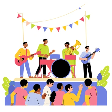 A group of four local musicians performing on a small stage in a park. One musician is playing a vibrant red guitar, while another is on a shiny black drum set, creating a rhythmic beat. The third musician is blowing into a brass trumpet, shining in the sunlight, and the fourth is strumming a bright blue ukulele. The crowd in front of the stage consists of diverse people clapping and dancing to the lively tunes, with some children playing nearby. Colorful banners are hanging above the stage, adding to the festive atmosphere.