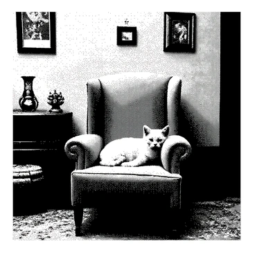 A vintage parlor is filled with warm ambiance. An antique armchair, upholstered in rich fabric, stands prominently in the center. A fluffy cat is lounging comfortably on the armchair, with its eyes half-closed and its fur detailed, showcasing the softness of its coat. Various vintage decor items such as ornate picture frames, a small wooden side table, and a patterned rug complete the scene, enhancing the cozy atmosphere.