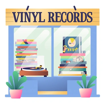 A record store storefront features large glass windows displaying an array of colorful vinyl albums stacked vertically. The albums have various covers, showcasing different musical genres and artists. A vintage wooden turntable is prominently positioned in the center of the window. The turntable has a shiny brass tonearm and a black platter, with a few records resting beside it. The store's wooden sign above the window has the words "Vinyl Records" painted in bold, retro lettering. The storefront is adorned with potted plants on either side of the entrance, adding a welcoming touch.