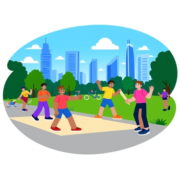 A group of five children playing cricket in a lively city street. The kids, dressed in colorful t-shirts and shorts, are animatedly engaged in the game. One child is bowling the ball while another is ready to bat, holding a wooden cricket bat. The street is filled with vibrant activity, with pedestrians walking by and a couple of bicycles parked nearby. In the background, tall skyscrapers rise against the blue sky, reflecting the afternoon sun. A few trees line the street, adding touches of green to the urban scene.