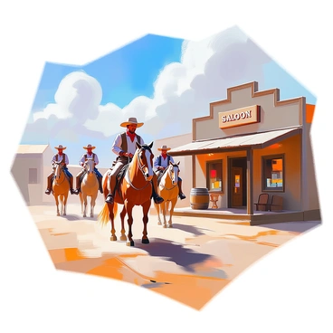 A classic wild west town features dusty streets lined with wooden buildings. In the foreground, several cowboys on horseback are casually riding, wearing wide-brimmed hats and leather vests. They appear engaged in conversation, with one cowboy tipping his hat. In the background, a saloon with swinging doors displays a wooden sign above it. The saloon has a porch with barrels and a few empty chairs, hinting at a lively atmosphere. The sky is a bright blue with fluffy white clouds, adding to the vibrant scene of the old west.