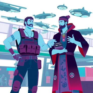 A seasoned mercenary with rugged features and a weathered face is standing confidently at a bustling starport. He is clad in a dark tactical vest, equipped with various pouches, and his muscular build hints at years of combat experience. In front of him, a shady merchant, dressed in a flamboyant robe adorned with glowing patterns, leans in closely, his shifty eyes darting around the busy environment. The starport is filled with futuristic spacecraft of various sizes, and neon lights illuminate the scene. Cargo containers and alien species bustle in the background, creating a lively atmosphere. The mercenary's hand rests on a holographic device displaying terms of the trade, while the merchant gestures animatedly, emphasizing his points. Both figures are surrounded by a haze of hovering drones, adding to the high-tech vibe of the setting.