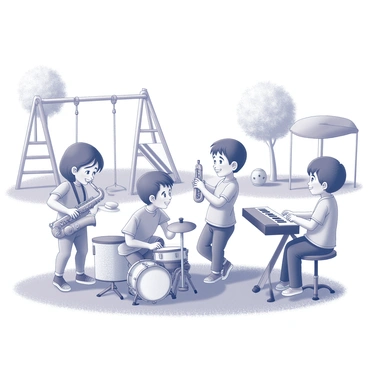 A group of children gathered in a playground, each engaged in playing an instrument. One child is holding a small saxophone, another has a drum set, while a third is playing a keyboard. They are positioned on a grassy area surrounded by playground equipment, such as swings and slides. The children are focused on their music, with some of them smiling and looking at each other as they play. In the background, there are trees offering shade, and a few toys scattered around the ground. The scene captures a sense of joy and creativity as they form their mini jazz band.