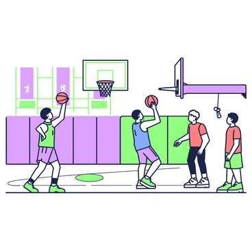 A high school basketball court is indoors with polished wood flooring and clear boundary lines. In the center, several students are practicing shooting hoops. One student, wearing a blue jersey, is taking a shot with focused concentration. Another student, dressed in a red t-shirt, is positioning under the hoop to rebound the ball. A third student, in green shorts, is standing to the side, waiting for their turn while holding a basketball. The walls of the gym are adorned with banners celebrating the school's sports achievements. Near the bleachers, a whistle hangs on a lanyard, indicating the presence of a coach overseeing the practice.