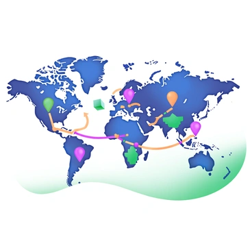 A modern pastel illustration of a detailed world map featuring highlighted paths and connections between various allied nations. The map includes vibrant colored arrows indicating different routes. Small icons representing each nation are placed at their respective locations, each symbol distinctively colored. The background is a soft pastel hue, enhancing the visibility of the paths and connections.