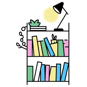 A cozy bookshelf stands against a wall, filled with a variety of colorful books lined neatly on its shelves. The books are arranged by height, showcasing vibrant spines in shades of red, blue, green, and yellow. Decorative plants are placed on several shelves, including a small green succulent and a trailing plant with long, delicate leaves. A warm light emanates from a small lamp positioned on the top shelf, casting a soft glow over the books. The scene conveys a sense of inviting warmth and comfort.