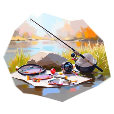 A riverbank scene featuring an array of fishing gear spread out across the grassy terrain. There is a fishing rod with a reel resting on the ground, a tackle box open to reveal various lures and hooks, and a landing net leaning against a nearby rock. Scattered around the gear are illustrations of different trout species, including a colorful brook trout with distinctive markings, a speckled brown trout displaying its rich hues, and a vibrant rainbow trout showcasing its signature pink stripe. The river glistens softly in the background, adding to the overall atmosphere of the peaceful fishing spot.