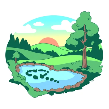 A duotone landscape features rolling hills and a vibrant sky. In the foreground, lush green grass is shaped into a large "star," while a nearby pond reflects the "circle" formed by flat stones arranged along its edge. Trees tower in the background, their branches intertwined to create a "heart" symbol. The sun casts a warm light across the scene, enhancing the shapes made from natural elements, creating a harmonious blend of nature and symbolism.
