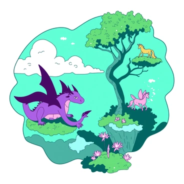 A vibrant landscape features a teal sky dotted with fluffy white clouds. In the foreground, there are several floating islands covered in lush green vegetation. Each island is connected by delicate, swirling vines that hang in the air. On one of the islands, a majestic purple dragon is perched, its scales shimmering in the sunlight. Nearby, a group of small, pink fairies flits around a large tree with twisting branches and glowing flowers. In the distance, other mythical creatures like a golden unicorn can be seen grazing peacefully on another island, completing this enchanting scene.