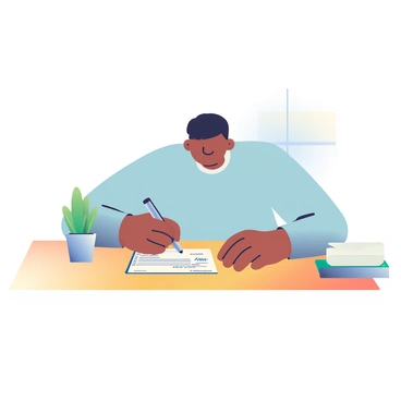 A person with medium skin is sitting at a polished wooden desk. They are wearing a light blue shirt and are focused on writing a check using a silver fountain pen. The check is placed in front of them, featuring printed details and a blank space for the amount. On the desk, there is a small green potted plant and a stack of white envelopes. The warm wood grain of the desk reflects the soft light coming from a nearby window.