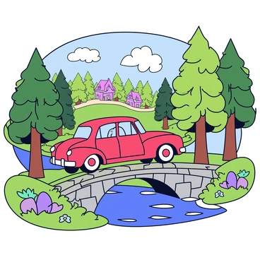 A storybook car crossing an old stone bridge in a picturesque, magical forest