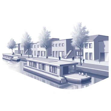 A houseboat moored along a city canal. The houseboat has a modern design with large windows and a spacious deck area. Surrounding the houseboat are several buildings with architectural features such as balconies and staircases. People are walking along the canal, engaging in various activities. Trees line the water's edge, and reflections of the buildings and houseboat can be seen in the water. There are boats passing through the canal, creating gentle ripples on the surface.
