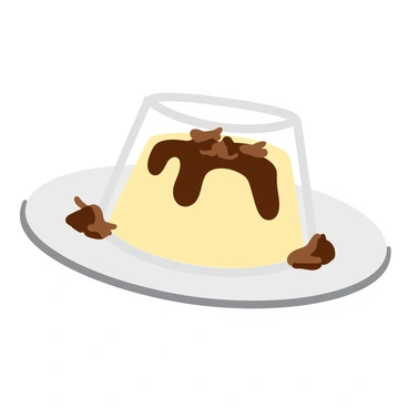 A glass dessert bowl filled with a creamy vanilla panna cotta sits on a white plate. Rich chocolate sauce is being drizzled over the panna cotta, creating shiny, flowing lines and forming tempting drops that slide down the sides. The sauce is dark brown and glossy, contrasting with the light color of the panna cotta. Small chocolate shavings are scattered on top of the dessert, adding texture and detail. The setting is well-lit, enhancing the allure of the dessert.