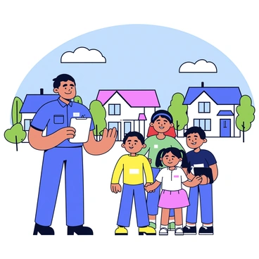 A census worker stands in a neighborhood, holding a clipboard and a pen. The worker is wearing a blue uniform and a name badge. In front of the worker, a family of four is gathered, including two children. The family is smiling and interacting with the worker. The background features simple houses with front yards and trees. There is a clear blue sky above and a few clouds scattered throughout.